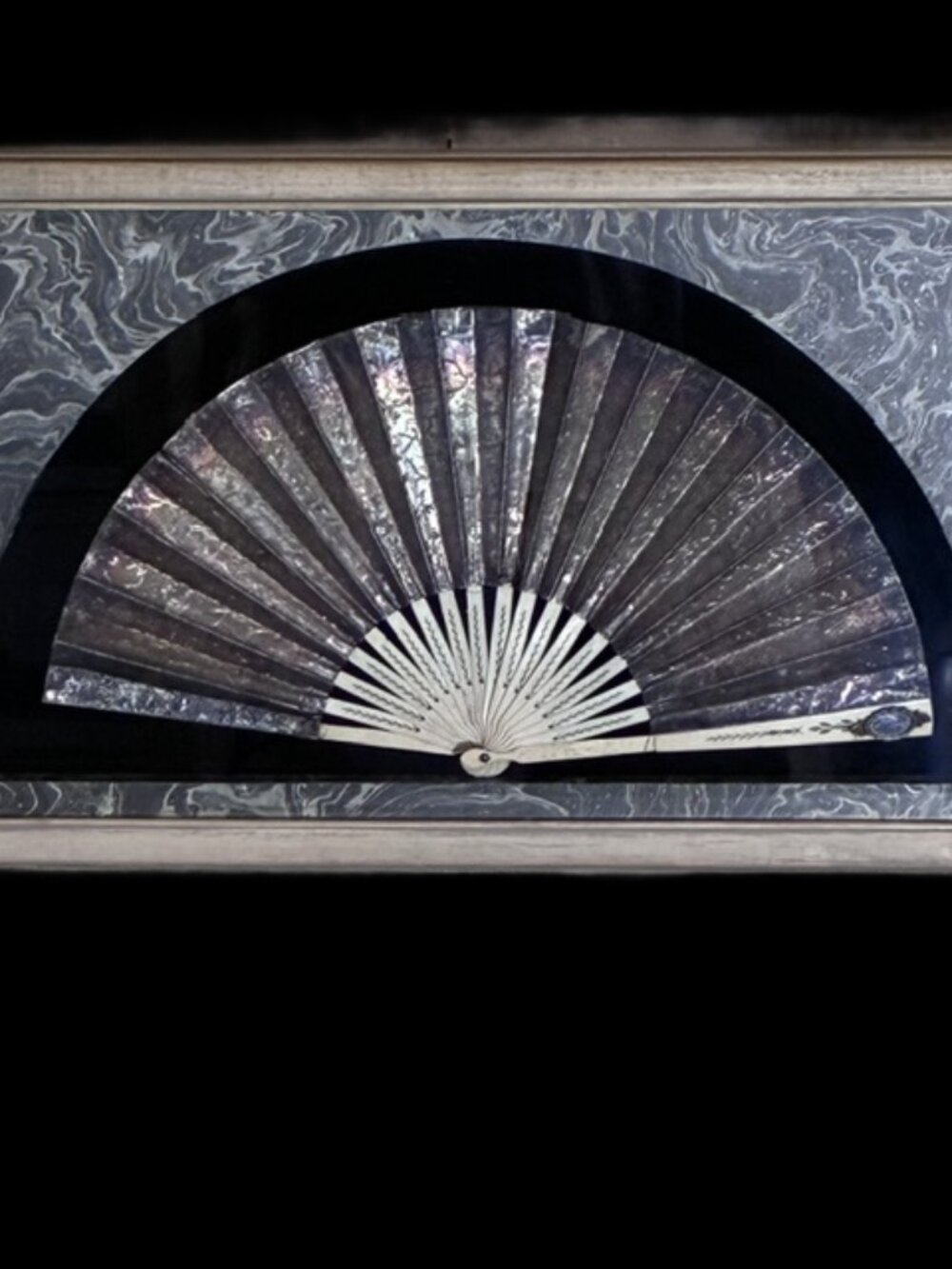 1920s Foiled Fan in a Shadow Box frame with a flirting mirror